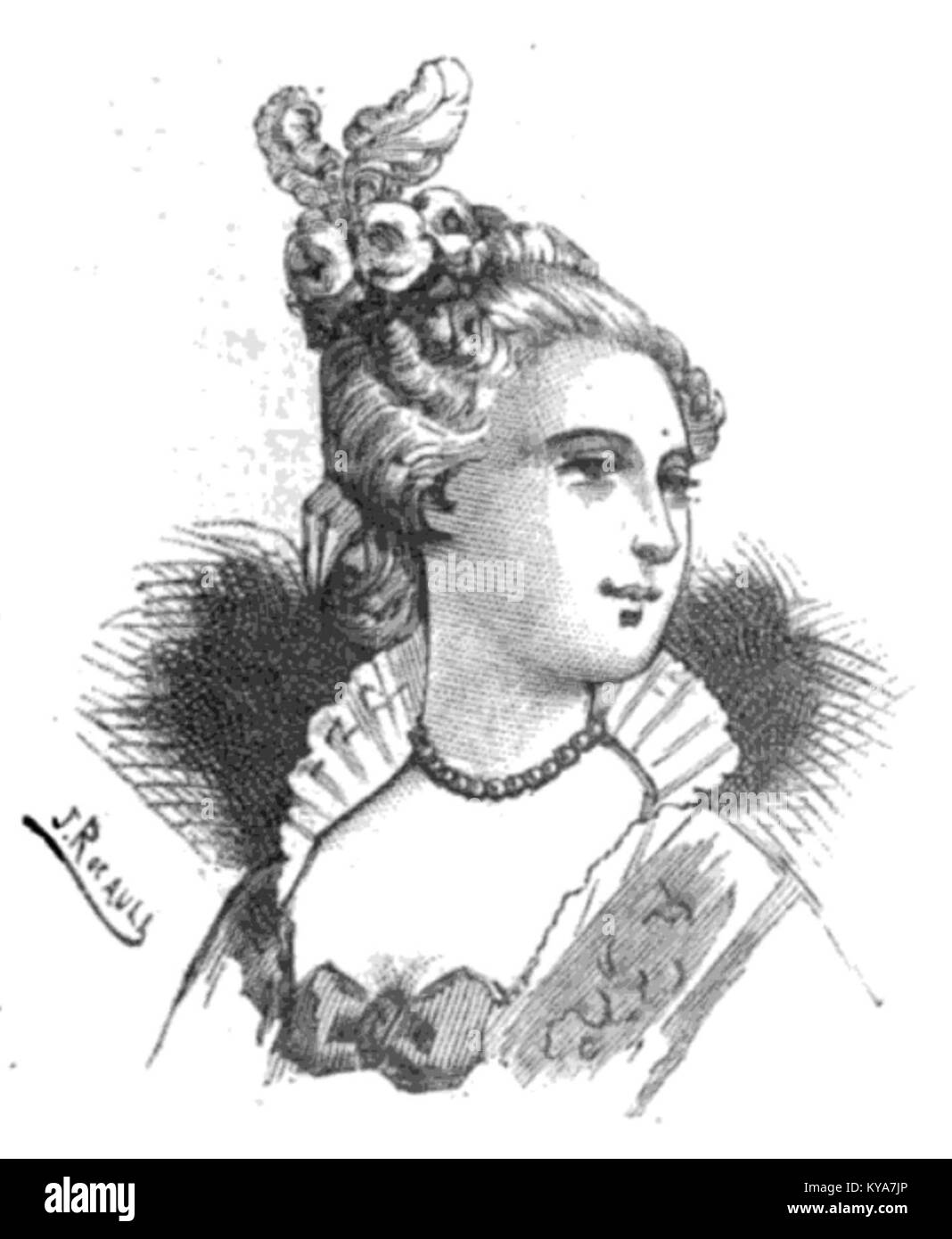 Die „ques-Co“-Frisur von Rose Bertin, illustriert in einem französischen Modebuch aus dem Jahr 1886, das Friseurtrends aus dem späten 19. Jahrhundert zeigt. Stockfoto