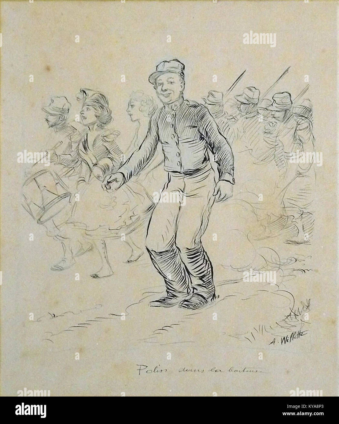 Dieses Kunstwerk von A. Willette mit dem Titel „Polin dans la boîteuse“ ist eine Zeichnung, die mit Tinte und blauem Bleistift erstellt wurde. Das 24 x 27,5 cm große Stück zeigt die Kunst des Künstlers, verschiedene Medien zu einem einzigartigen Kunstwerk zu kombinieren. Stockfoto