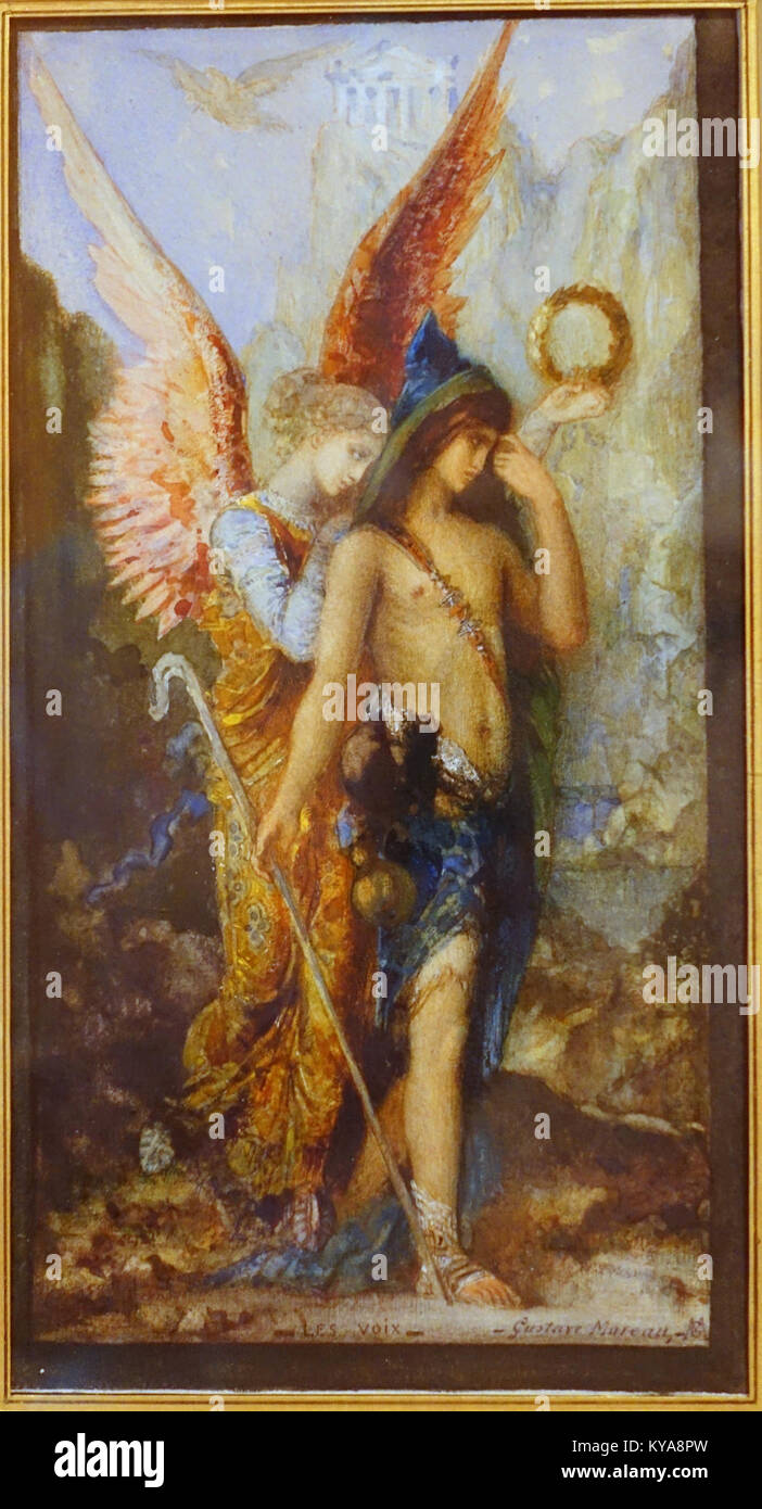 Gustave Moreas Gemälde The Voices aus dem Jahr 1867 verwendet Aquarelle und Gouache auf Papier und veranschaulicht symbolische und mythologische Themen der französischen Kunst des 19. Jahrhunderts. Stockfoto