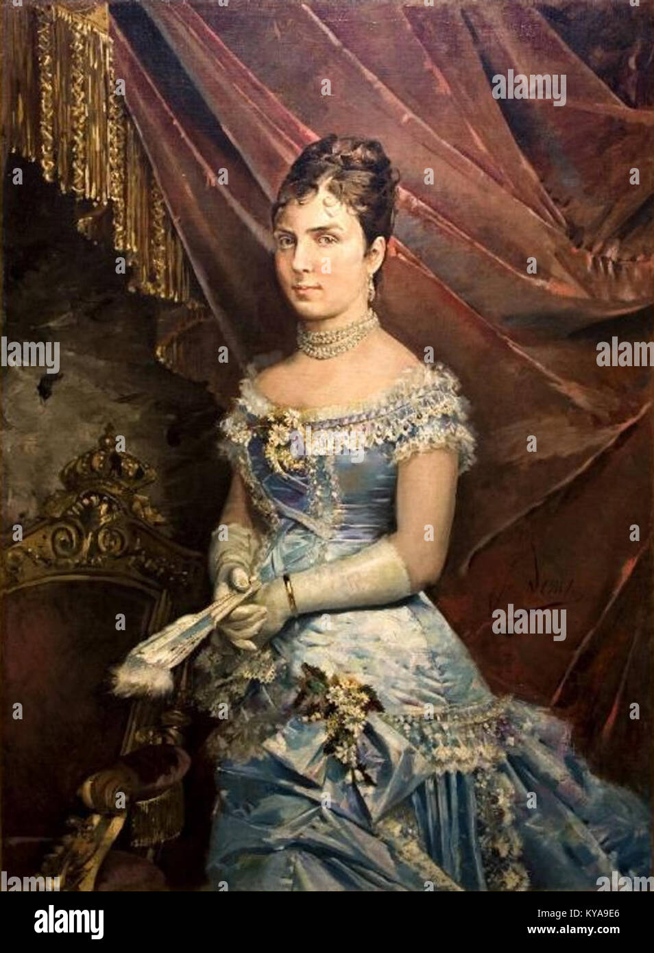 Dieses Porträt von José Denis Belgrano zeigt María de las Mercedes de Orleans, die Ehefrau von König Alfonso XII. Von Spanien, die ihr Gleichnis und ihren königlichen Status im 19. Jahrhundert festhält. Stockfoto