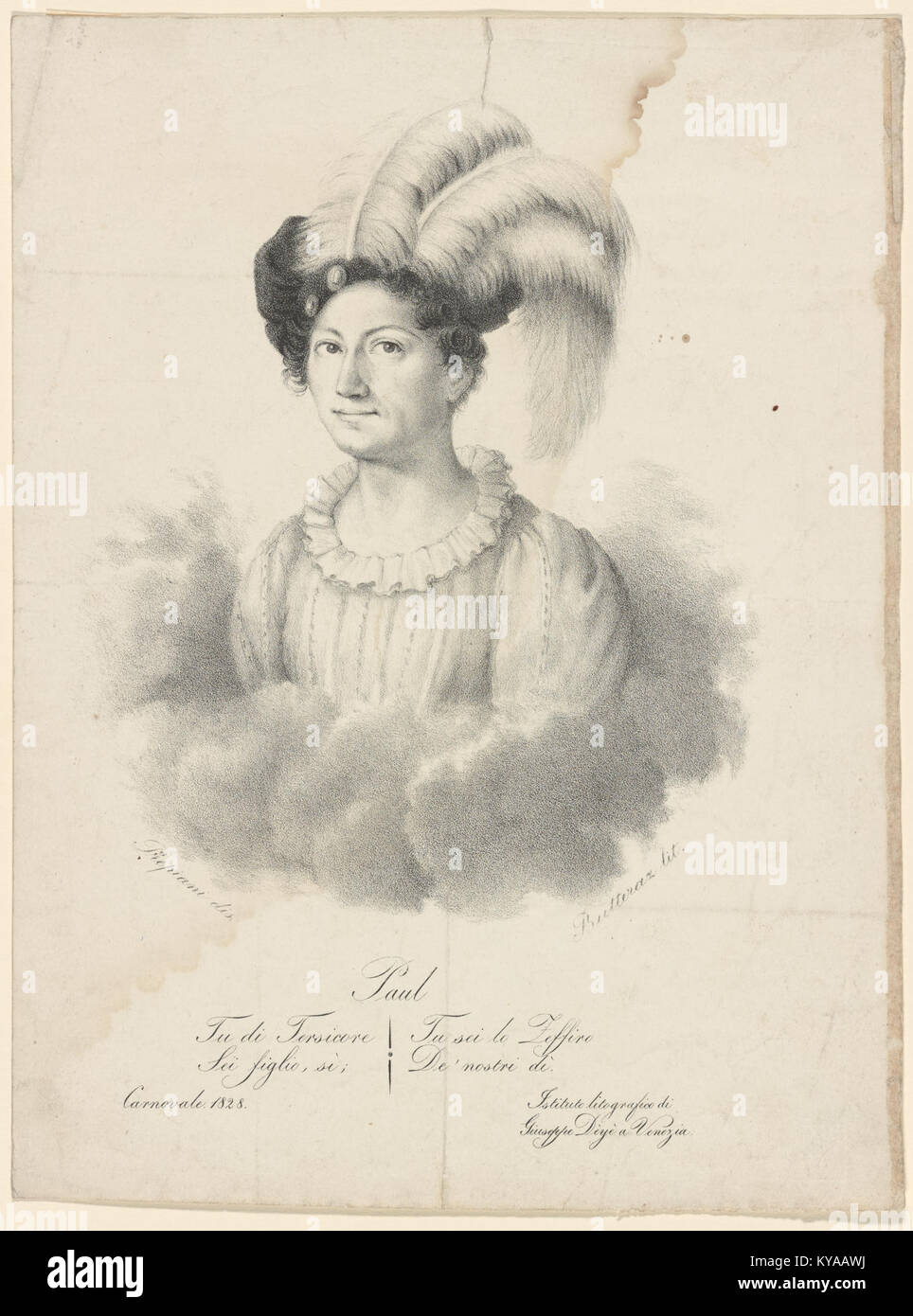 Illustrierte italienische poetische Inschrift, in der Paulus als Sohn von Terpsichore und der Zephyr des Zeitalters gepriesen wird, wobei mythologische und künstlerische Bezüge kombiniert werden. Stockfoto