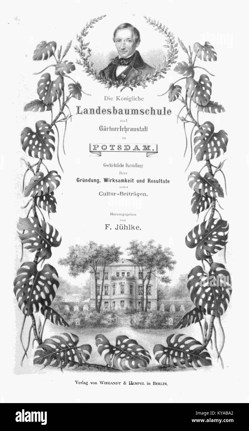 Die Festschrift für die Landesbaumschule und Gärtnerlehranstalt ehrt die deutsche Gartenbauschule und dokumentiert ihre Beiträge zum Gartenbau, zur landwirtschaftlichen Bildung und zum wissenschaftlichen Studium. Stockfoto