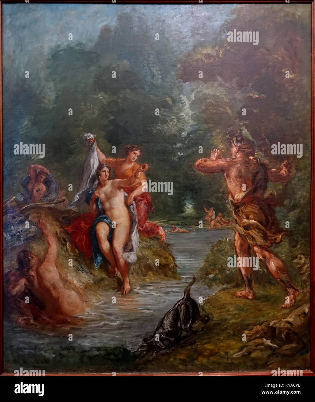 Delacroix's „der Sommer“ ist ein Ölgemälde, das Diana von Actaeon überrascht zeigt und romantischen Stil, mythologisches Motiv, Farbgebrauch und dynamische Komposition illustriert. Stockfoto