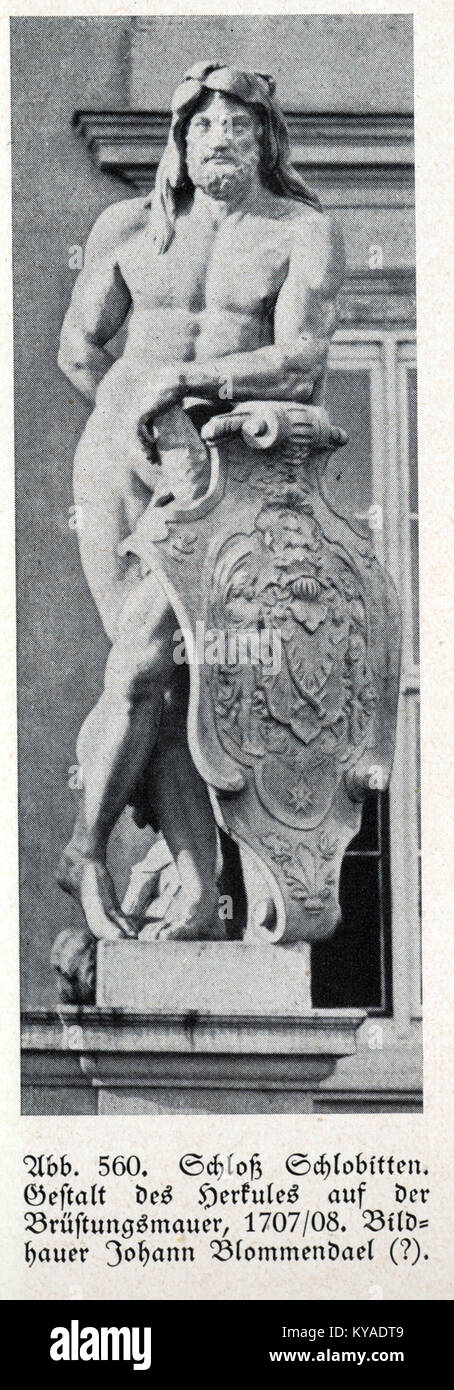 Johann Blommendaels Gemälde von 1708 zeigt Herkules auf der Attika von Schloss Schlobitten und veranschaulicht mythologische Themen der Barockkunst. Stockfoto