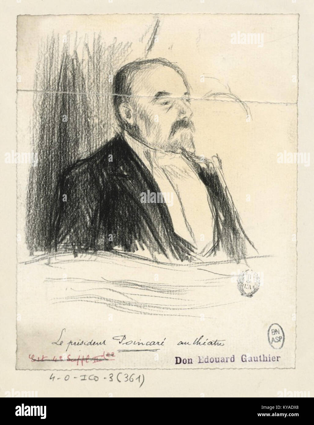 Paul-Charles Delaroches Gemälde zeigt Präsident Poincaré, der zwischen 1911 und 1913 eine Theateraufführung besucht und das politische und kulturelle Leben Frankreichs erfasst. Stockfoto