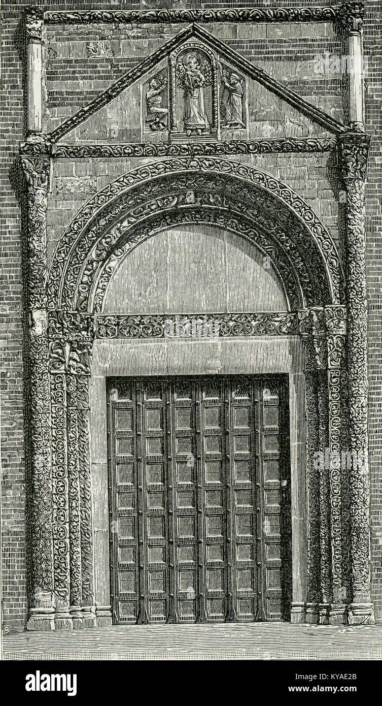 Holzschnitt von Barberis zeigt den Eingang der Kirche San Pietro in Cielo d’Oro in Pavia, Italien. Stockfoto