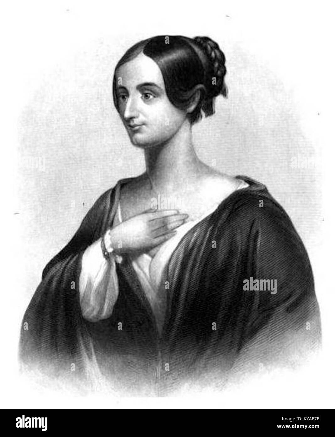 Porträt von Mrs. Emily C. Judson, erstellt 1872, zeigt ihre Kleidung, Frisur und Gesichtszüge. als visuelle Aufzeichnung der Mode und des sozialen Auftritts des 19. Jahrhunderts. Stockfoto