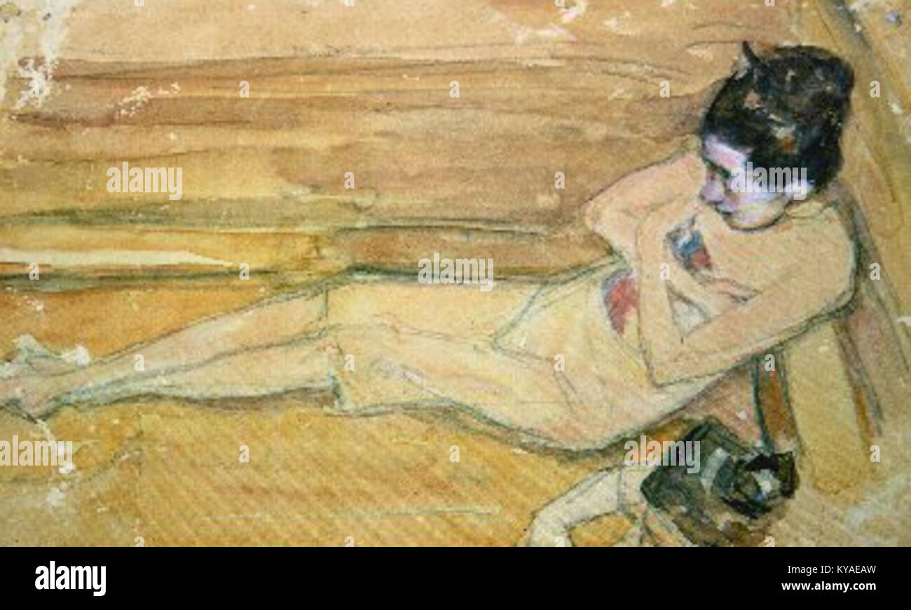 „Frauen baden“ von Aoki Shigeru, ausgestellt im Kawamura Art Museum, zeigt Frauen, die baden und erforscht menschliche Form, Natur und künstlerische Komposition innerhalb der japanischen Kunst. Stockfoto