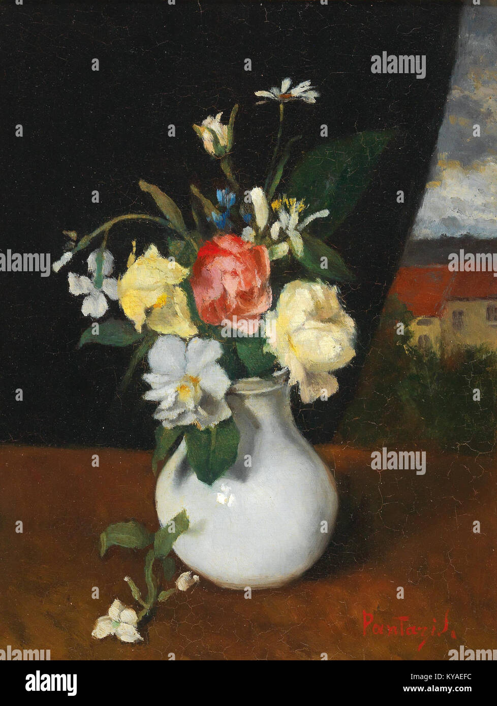 Dieses Kunstwerk mit dem Titel „kleiner Blumenstrauß“ von Pericles Pantazis zeigt einen kleinen Blumenstrauß, der seinen Stil der Stillleben-Malerei veranschaulicht. Pantazis ist bekannt für seine lebendigen Naturdarstellungen. Stockfoto