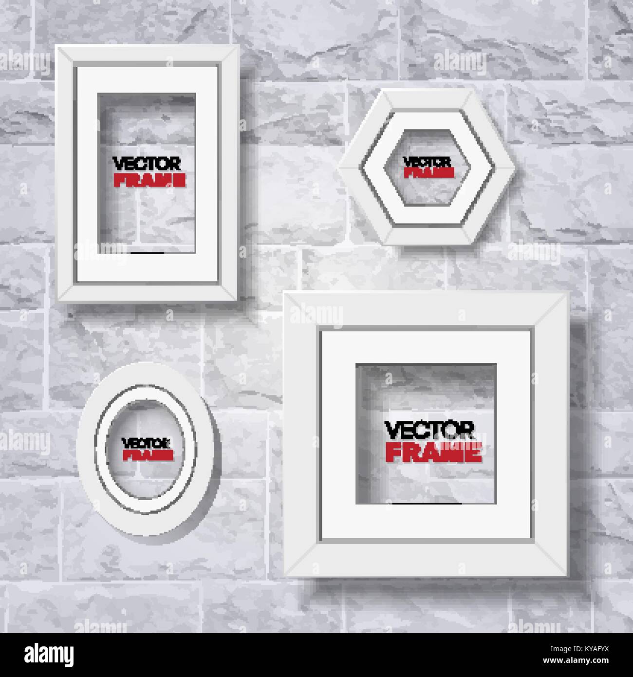 Festlegen von realistischen Modernes weißes Bild oder Zertifikat Frames auf White Brick Wall - A4, quadratisch, oval, und sechseckige Formen Stock Vektor