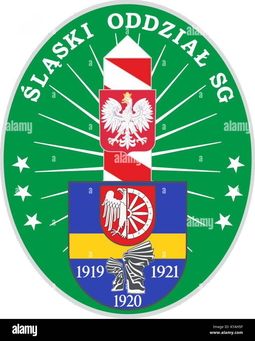 Das Emblem der schlesischen Grenzschutzeinheit repräsentiert ihre historische Rolle bei der Grenzsicherheit und der Strafverfolgung in Schlesien, Polen. Stockfoto