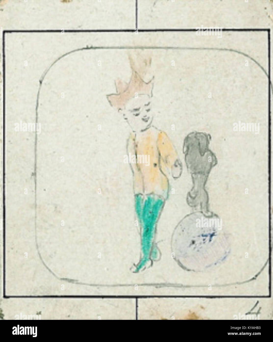 Ein Vintage-Bild von Reynaud, das einen Clown mit Hunden darstellt und einen Moment in der Zirkus- oder Performancekunst darstellt und die einzigartige Mischung aus Mensch-Tier-Interaktion in der Unterhaltung festlegt. Stockfoto