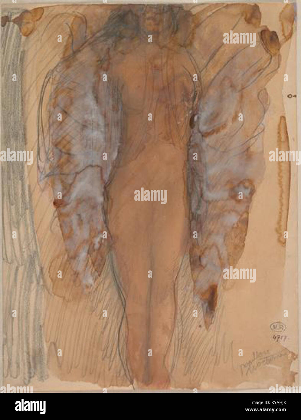 Ein Kunstwerk, das einen nachtaktiven Schmetterling neben einer stehenden weiblichen Figur darstellt und Themen der Natur, der menschlichen Form und der künstlerischen Komposition erforscht. Stockfoto