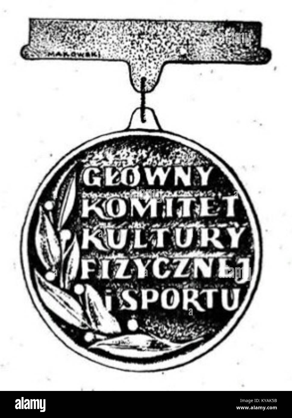 Das Emblem „Zasluzony Trener“ wird namhaften Trainern in Polen für ihren herausragenden Beitrag zum Sport verliehen. Es hat eine Bedeutung in der polnischen Sportgeschichte und spiegelt die Bedeutung des exzellenten Coachings für die Entwicklung von Athleten wider. Stockfoto