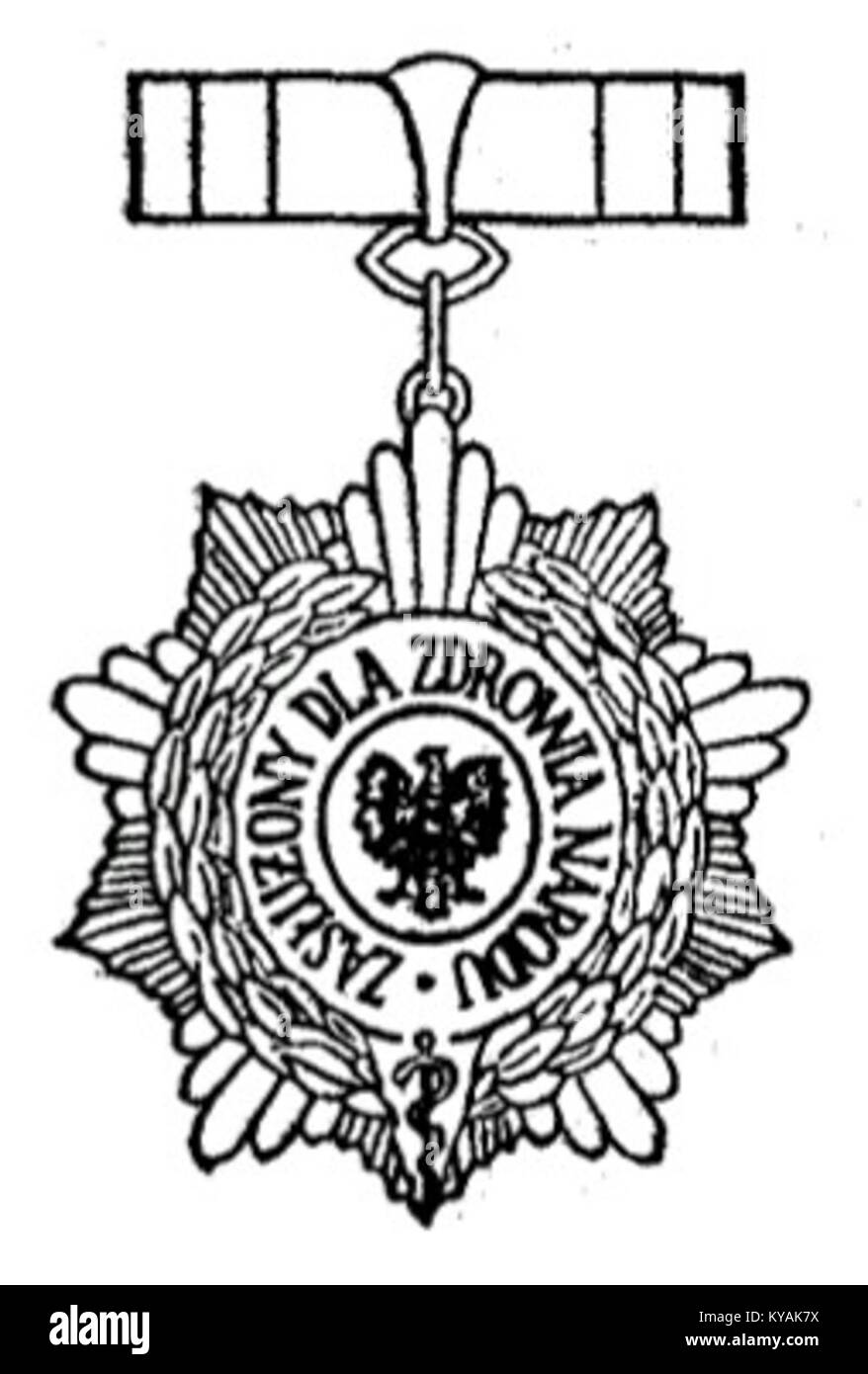 Mit der Auszeichnung „Meritorious for National Health“ (POL) aus dem Jahr 1979 werden bedeutende Beiträge zur öffentlichen Gesundheit und zur medizinischen Versorgung in Polen gewürdigt. Stockfoto