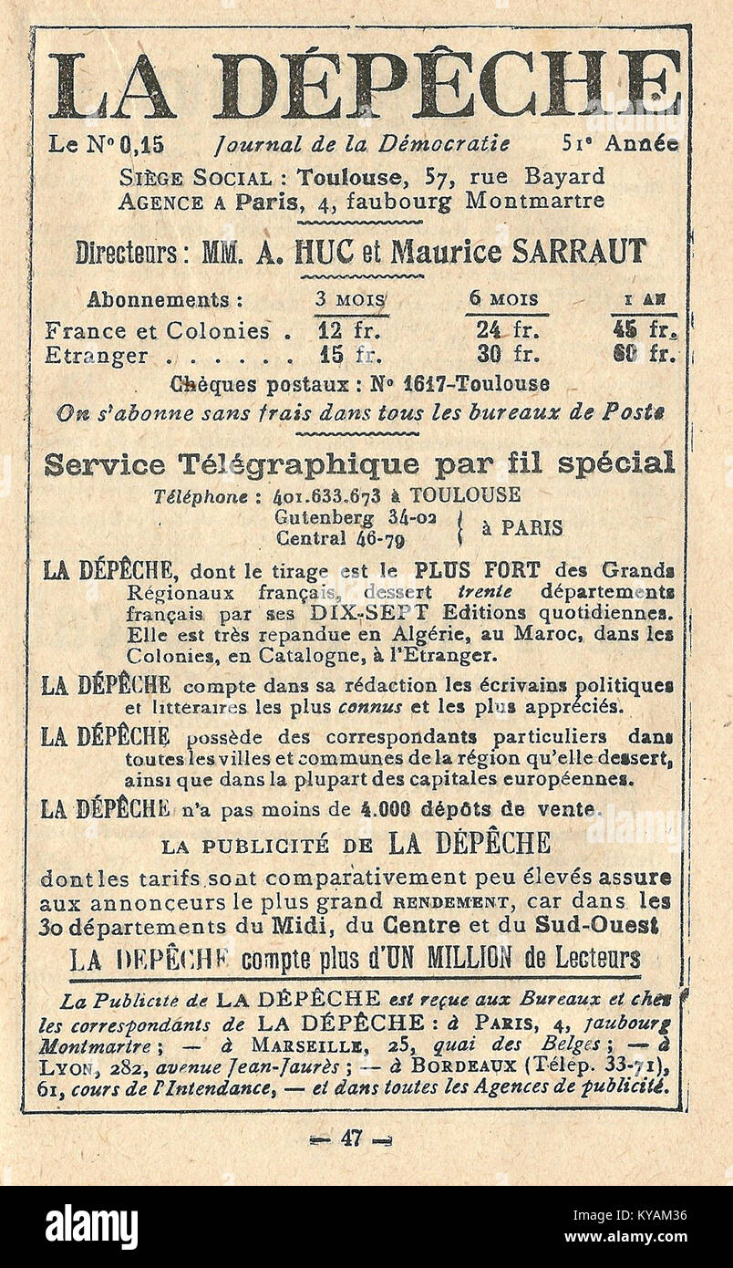 Diese Werbung aus dem Jahr 1921 wirbt für La Dépêche de Toulouse, eine bekannte französische Zeitung, die ihre Rolle in den französischen Medien während des frühen 20. Jahrhunderts unterstreicht. Stockfoto