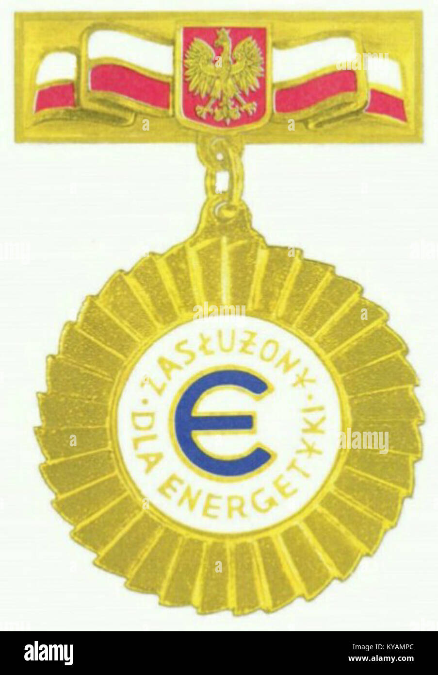 Das „Odznaka Zasłużony dla Energetyki“ ist ein polnisches Verdienst-Abzeichen, das 1998 für bedeutende Beiträge zum Energiesektor verliehen wurde und Errungenschaften in Entwicklung und Innovation anerkennt. Stockfoto