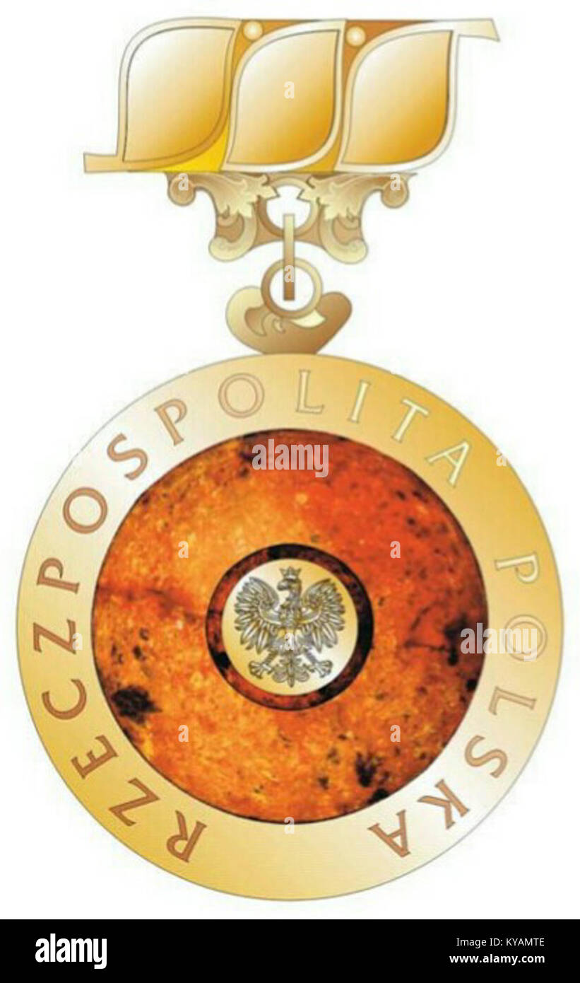 Ehrenzeichen „für Verdienst im Erfindungsreichtum“ für Errungenschaften in Innovation und Erfindungsreichtum, die Anerkennung in der polnischen Technologie- und Wissenschaftsgemeinschaft widerspiegeln. Stockfoto