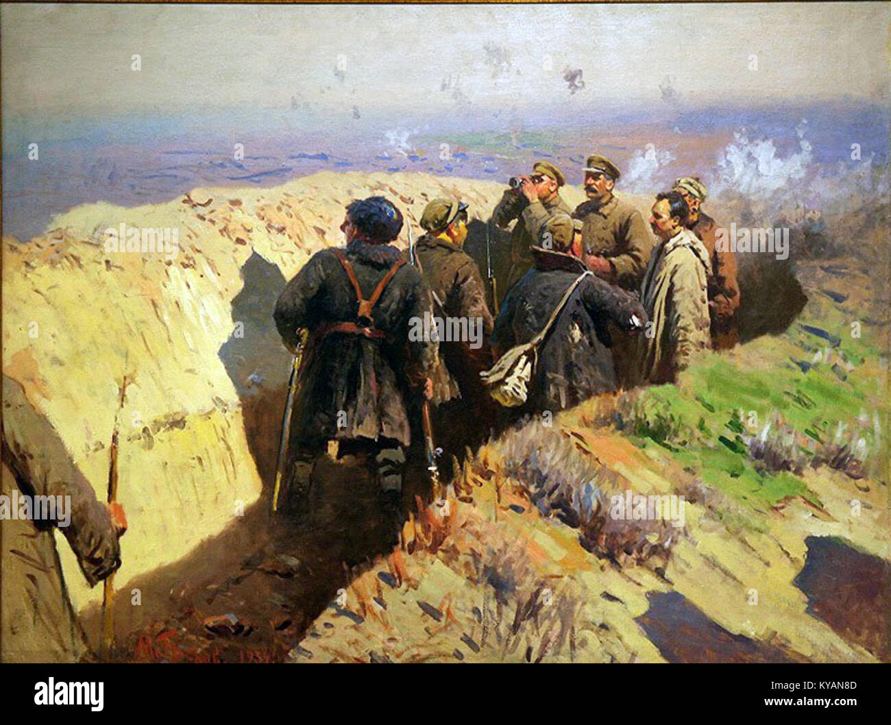 Gemälde von Mitrophan Grekow, das Stalin, Woroschilow und Schtschadenko in Gräben bei Zaritsyn während des russischen Bürgerkriegs darstellt und die militärische Führung und das Kriegsumfeld hervorhebt. Stockfoto