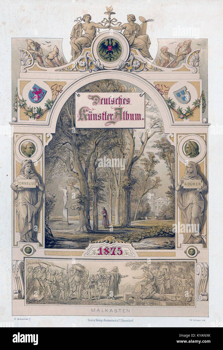 Die Titelblatt-Illustration von Caspar Scheuren im Künstler-Album von 1875 zeigt komplizierte Details, die charakteristisch für die romantische Kunst des 19. Jahrhunderts sind und Landschaftsmotive und architektonische Motive in feiner Gravur darstellen. Stockfoto