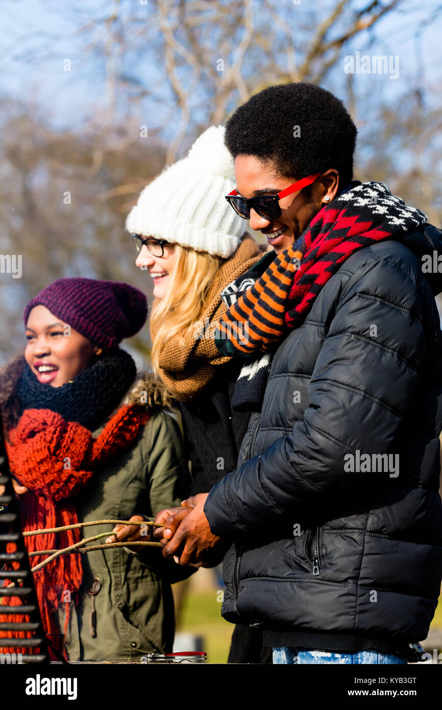 Multi-ethnischen Gruppe von fünf jungen Menschen Spaß an Grill Stockfoto