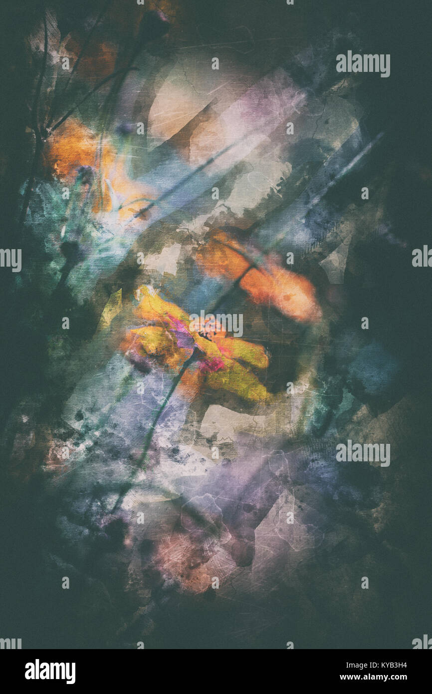 Abstrakte Kunst grunge floral background, Aquarelle und scraches, Mixed Media Stockfoto