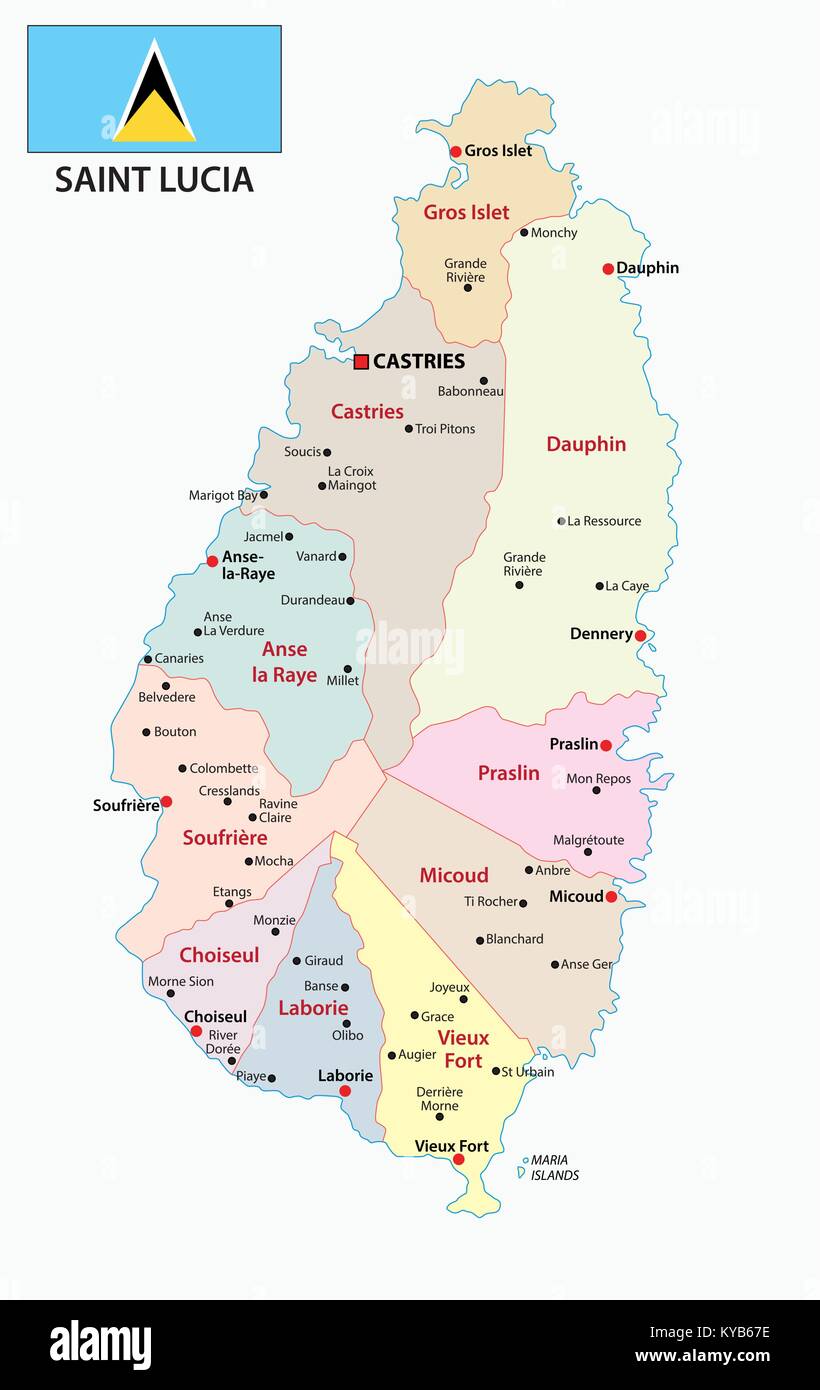 Saint Lucia administrative und politische Karte mit Fahne Stock Vektor