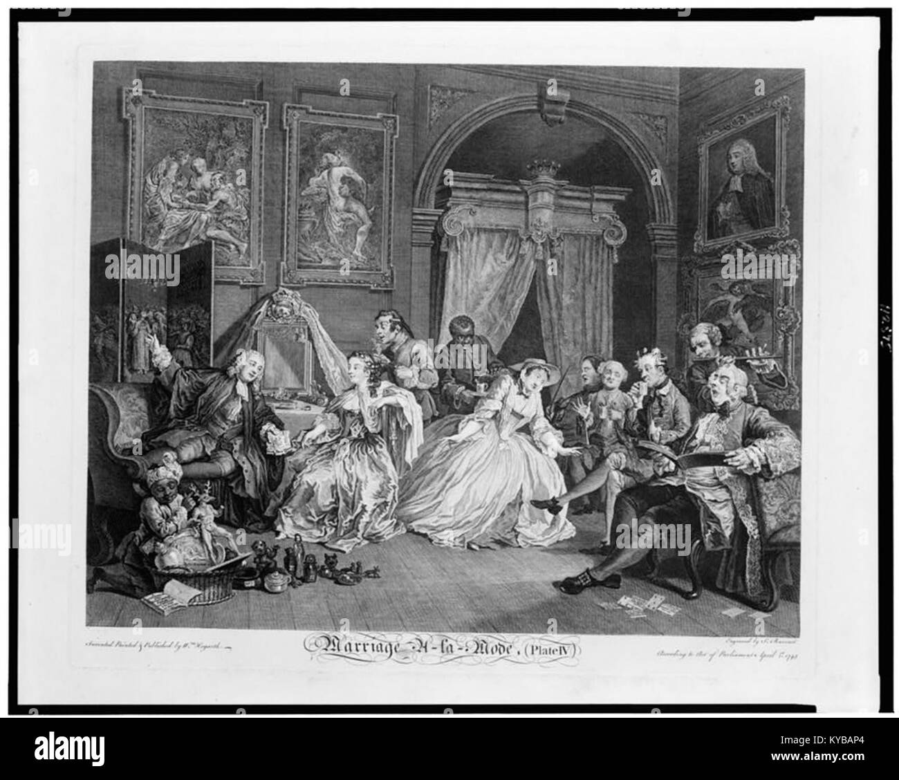 Diese Darstellung aus der Serie „Marriage, la Mode“ veranschaulicht eine Toiletten-Szene, in der Mode, soziale Bräuche und die Rolle der Ehe in der historischen Gesellschaft hervorgehoben werden. Stockfoto