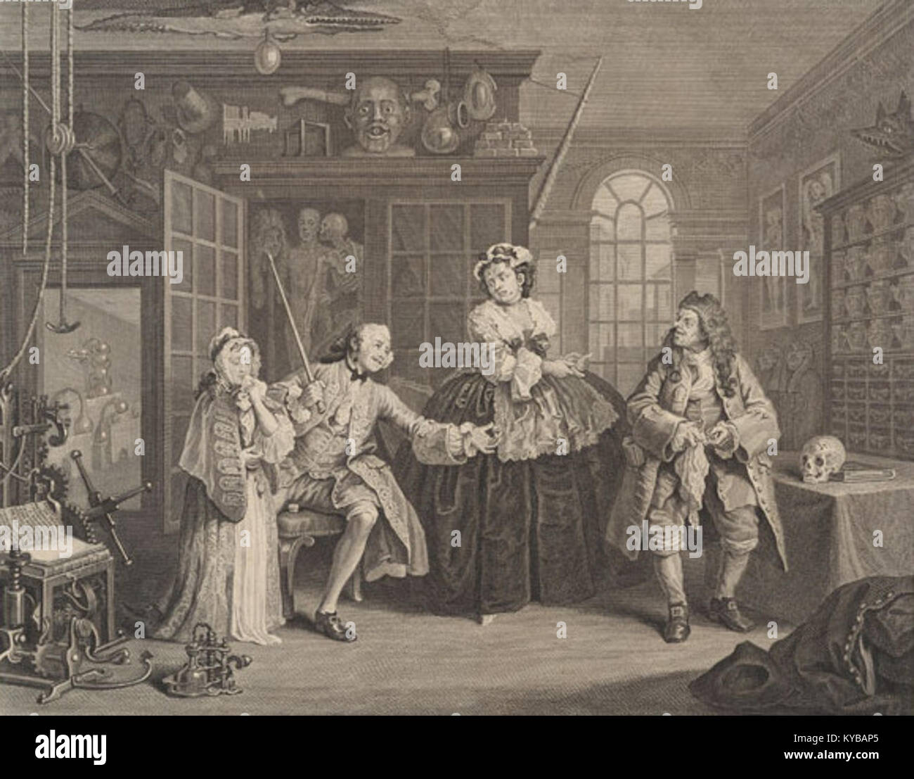 Dieser Druck aus dem 18. Jahrhundert „Marriage à la Mode, Plate 3“ von Bernard Baron zeigt eine satirische Szene einer Ehe und hebt Mode, soziale Rollen und Innenräume in England hervor. Stockfoto