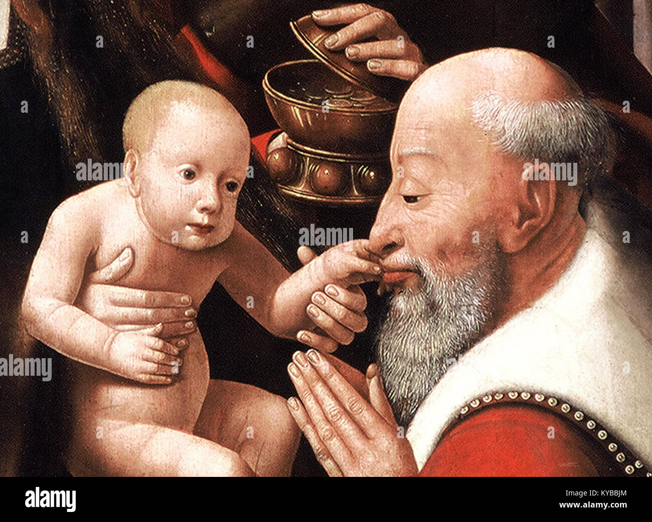 Dieses Bild aus dem *Morrison Triptychon* stellt die Anbetung der Könige dar, eine religiöse Szene, die den Besuch der drei Könige beim Christuskind veranschaulicht, gemalt vom Meister des Morrison Triptychons. Stockfoto