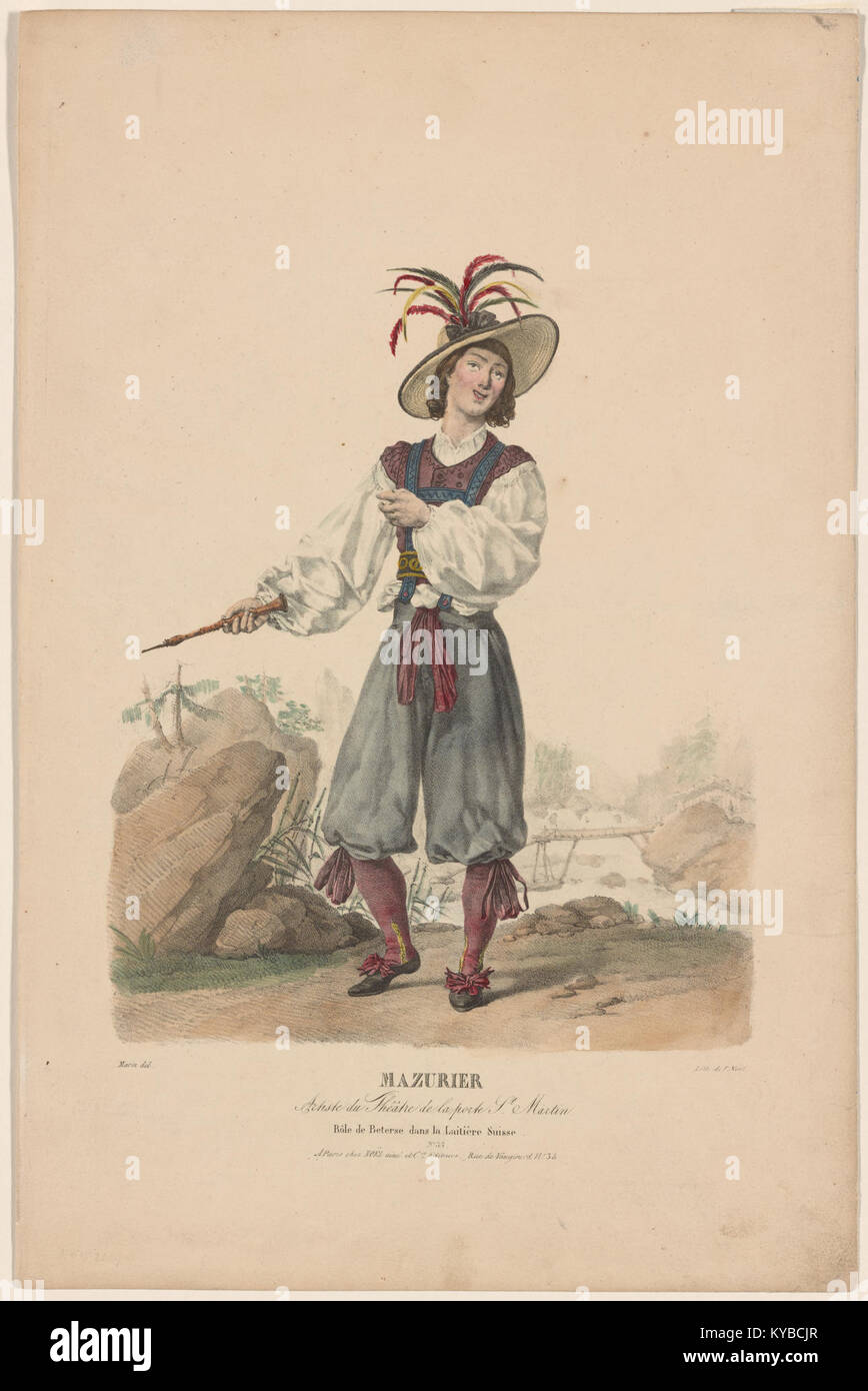 Eine Lithografie von Louis Marin-Lavigne, gezeichnet auf Stein von Francisque Noël, die Mazurier als Beterse in La laitière suisse am Théâtre de la Porte St. Martin darstellt. Stockfoto
