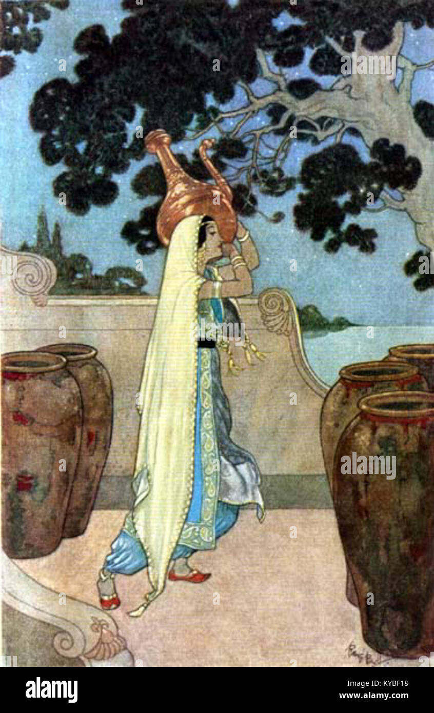 Eine Illustration oder Darstellung von Morgiana, der klugen und mutigen Sklavenfrau aus der berühmten Geschichte „Ali Baba und die vierzig Diebe“, die ihren Charakter in der Geschichte zeigt. Stockfoto
