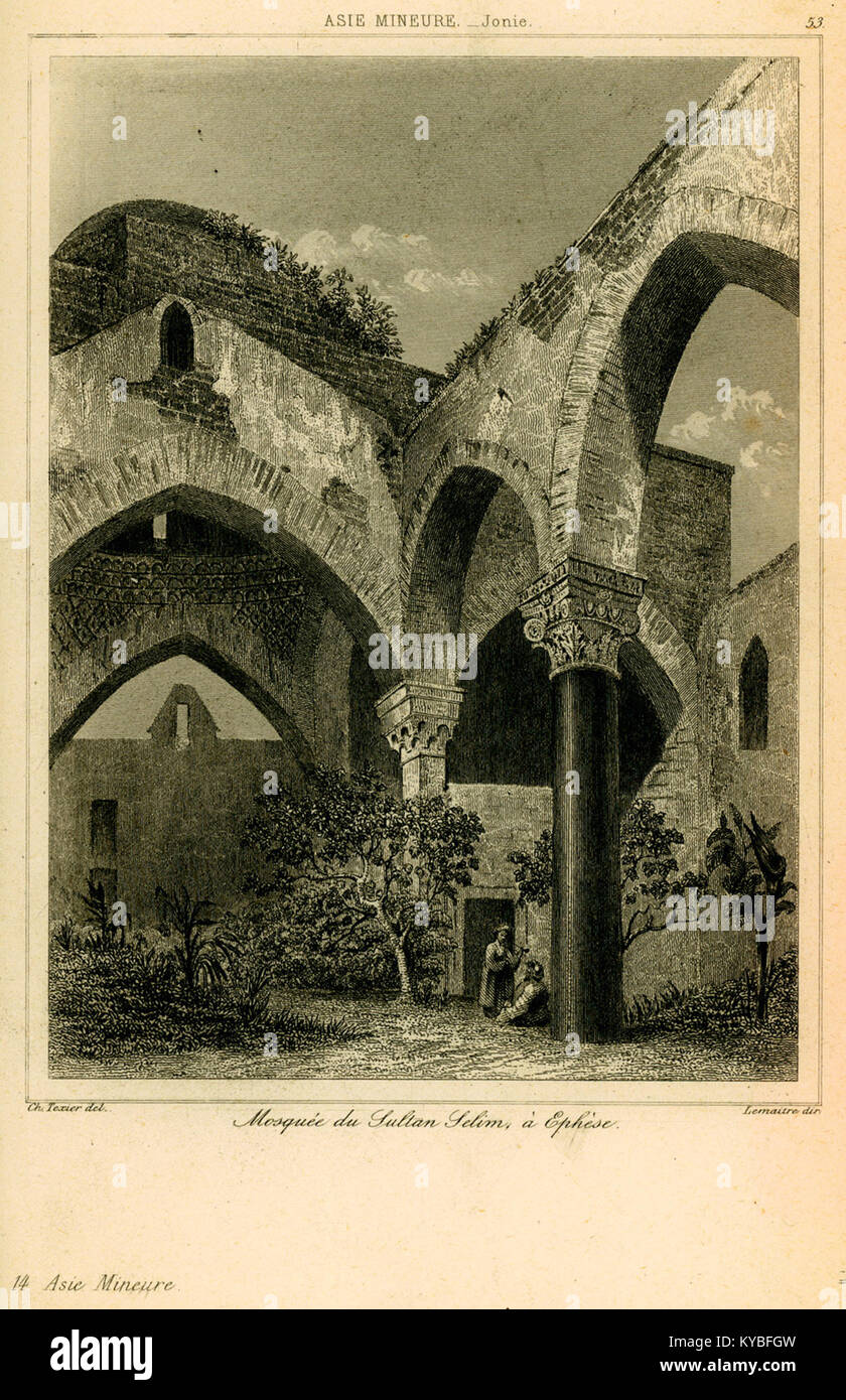 Eine architektonische Zeichnung von Charles Félix Marie Texier aus dem Jahr 1882 von der Sultan-Selim-I.-Moschee in Ephesus, Türkei, die osmanische Architektur und das kulturelle Erbe repräsentiert. Stockfoto