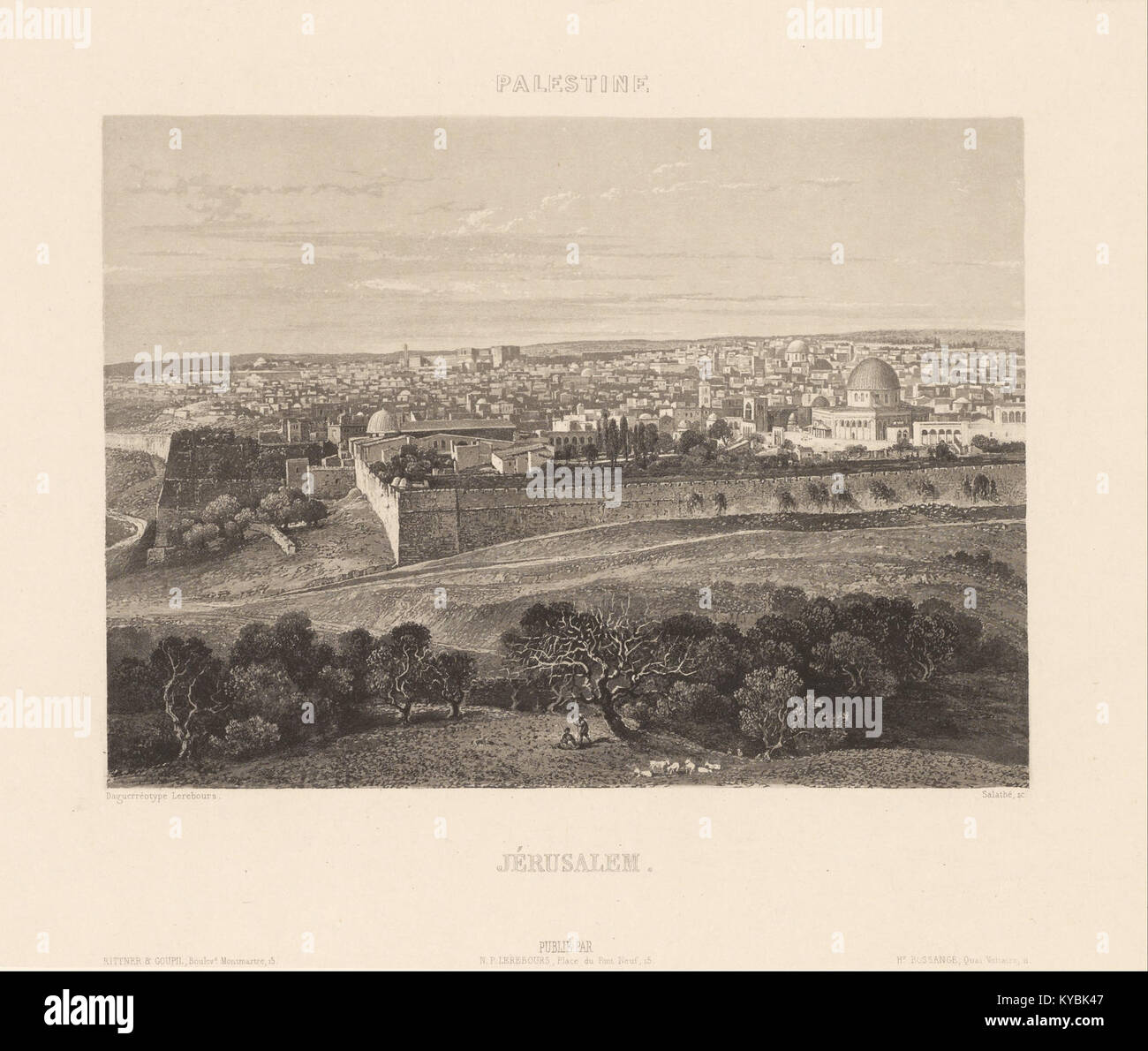 Ein Kunstwerk von Nöel-Marie-Paymal Lerebours aus dem 19. Jahrhundert, das Jerusalem darstellt, das orientalistische Kunstthemen und eine detaillierte topografische Darstellung widerspiegelt. Stockfoto