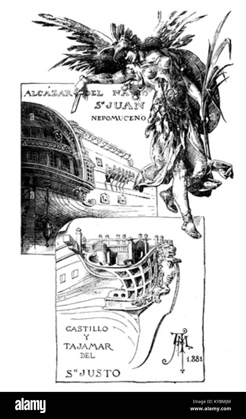 Eine Illustration, die die spanischen Schiffe San Juan Nepomuceno und San Justo in Bezug auf die Schlacht von Trafalgar aus dem Werk „Trafalgar“ von Galdós darstellt. Stockfoto