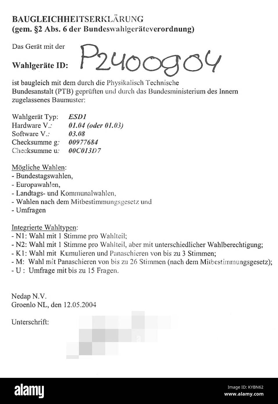 Ein Zertifizierungsdokument aus dem Jahr 2004 für den Nedap ESD1, das die Einhaltung der Bauvorschriften und -Normen bestätigt. Stockfoto