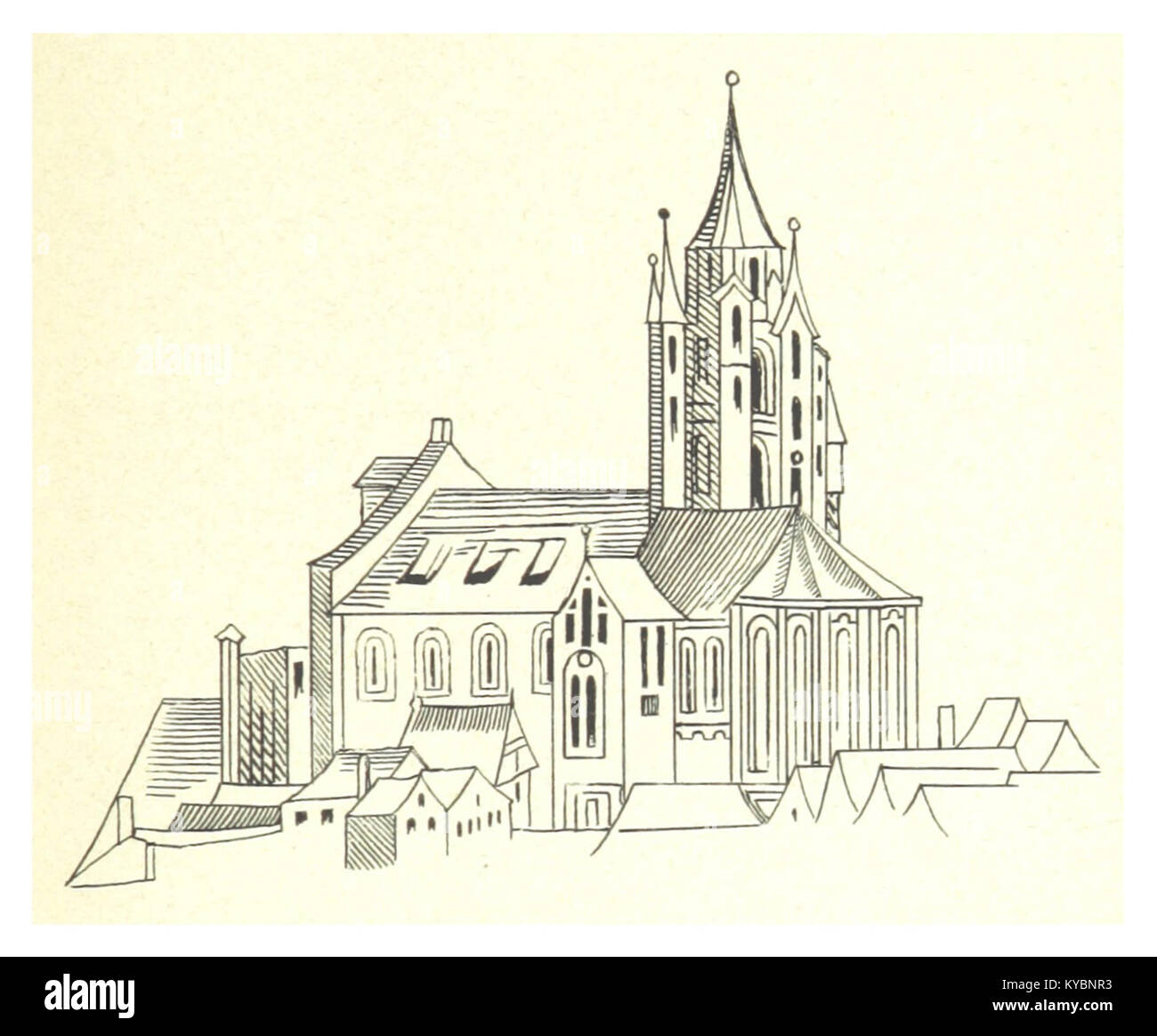 Eine Darstellung der Kirche der Heiligen Jungfrau Maria (Matthiaskirche) aus dem Jahr 1876 in Budapest, Ungarn. Das Kunstwerk veranschaulicht die gotische Architektur und die historische Struktur, wie sie 1493 erschien. Stockfoto