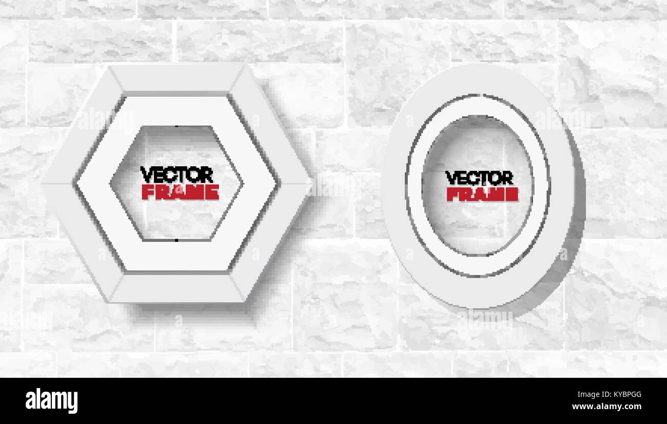 Satz mit zwei modernen weißen frames Hexagon und Oval am weißen Stein Wand- Vektor mockup Stock Vektor