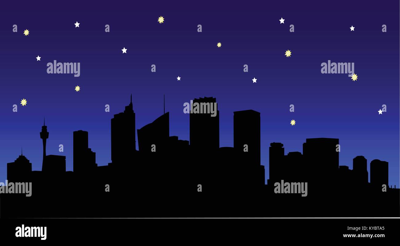 Vektorbild von Sydney City Silhouette in der Nacht mit Sternen. Stock Vektor