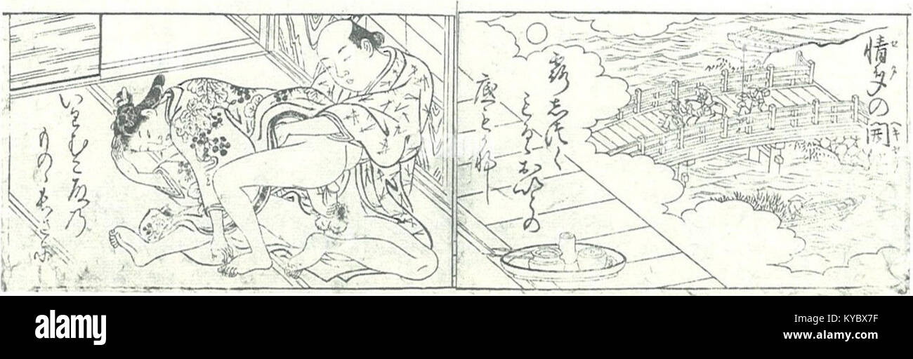 Seiten 2–3 aus dem letzten Band von Nishikawa Sukenobus Werk „Fūryū iro hakkei“ aus dem Jahr 1722, einem japanischen Holzschnitt-Buch, das raffinierte Szenen und Figuren der Kunst der Edo-Zeit veranschaulicht. Stockfoto