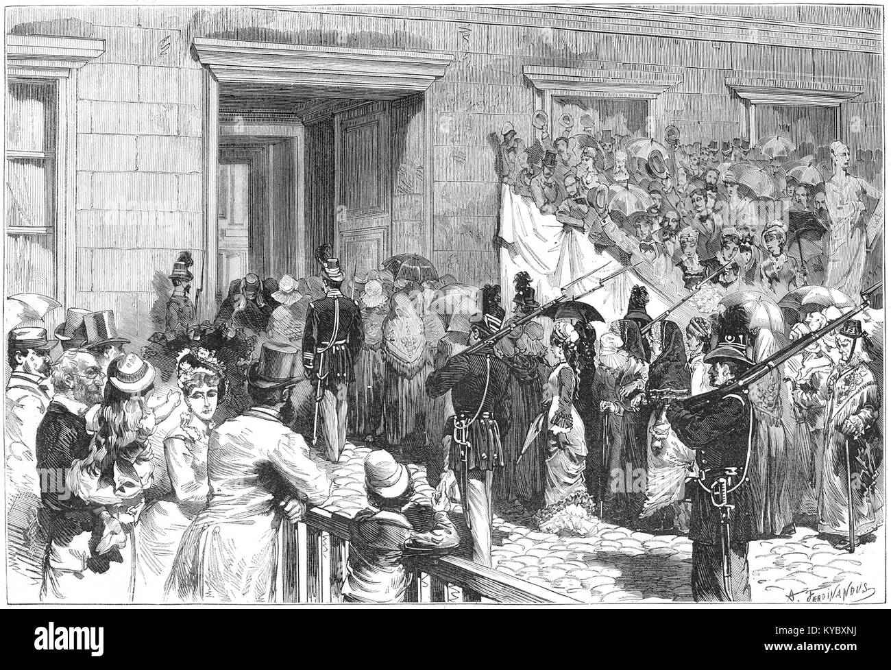 Foto des silbernen Hochzeitstages von König Leopold II. Und Königin Marie-Henriette von Belgien im Jahr 1878, das den zeremoniellen Eingang der Provinzfrauen während der königlichen Feiern in Brüssel zeigt. Stockfoto