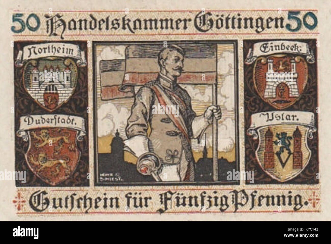 Diese Banknote mit der Bezeichnung „Notgeld Göttingen“ wurde in Göttingen um 1923 während der Geldkrise nach dem Ersten Weltkrieg als Notgeld ausgegeben. Stockfoto