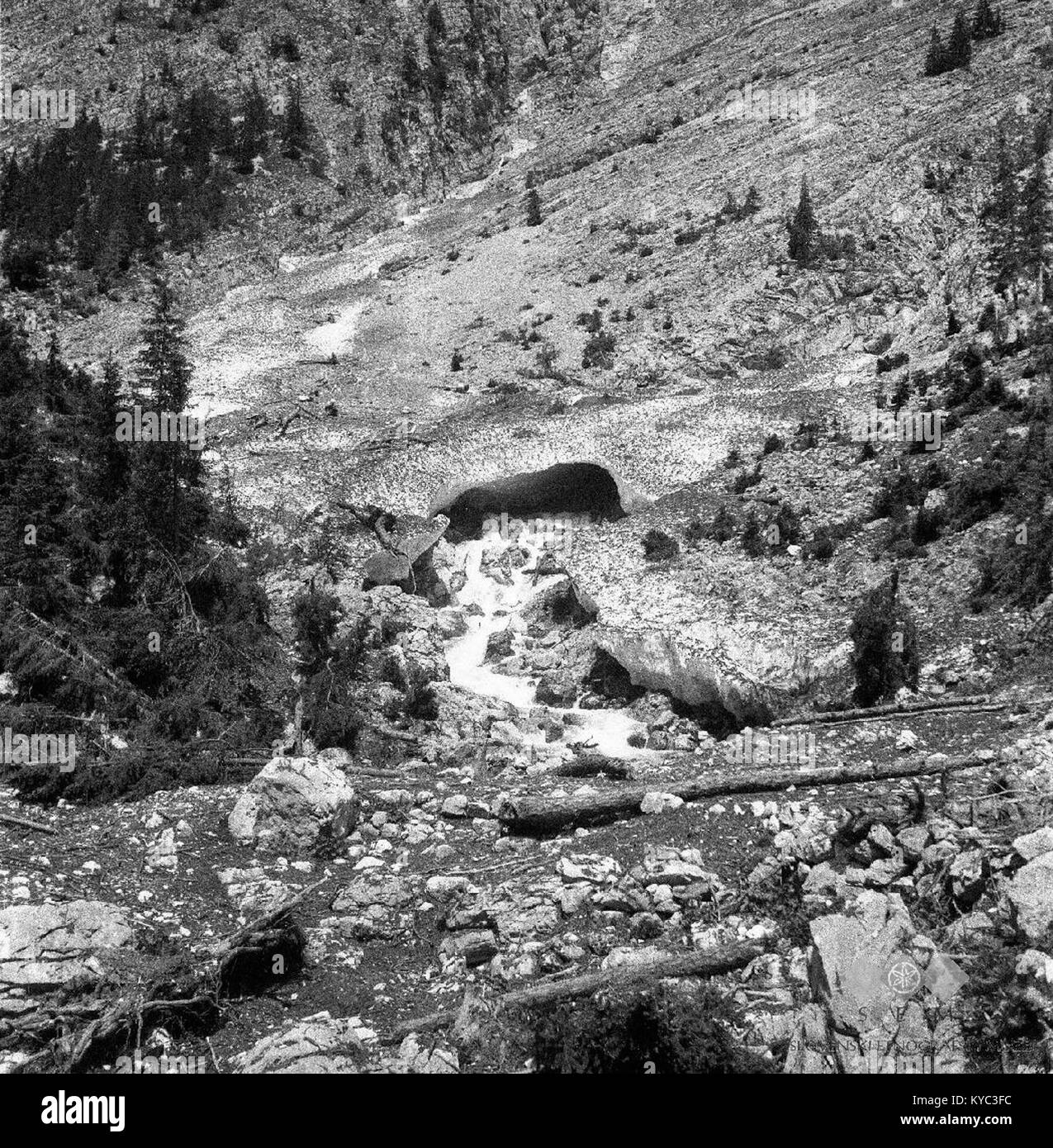 Das Bild von 1951 mit dem Titel „an der Quelle des Soča“ zeigt die Quelle des Soča in Slowenien und nimmt die alpine Umgebung, den auftauchenden Fluss und die umliegende natürliche Umgebung auf. Stockfoto