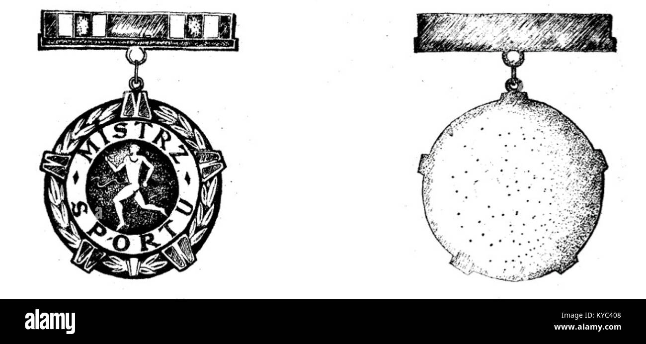 Das in Polen ausgestellte „Mistrz Sportu“-Emblem für Athleten, die den Master of Sport erreichten, zeigt polnischen Adler, Emaille-Finish und Inschrift, die die Leistung des Athleten und die staatlich ausgezeichnete Anerkennung in der Sportgeschichte hervorhebt. Stockfoto
