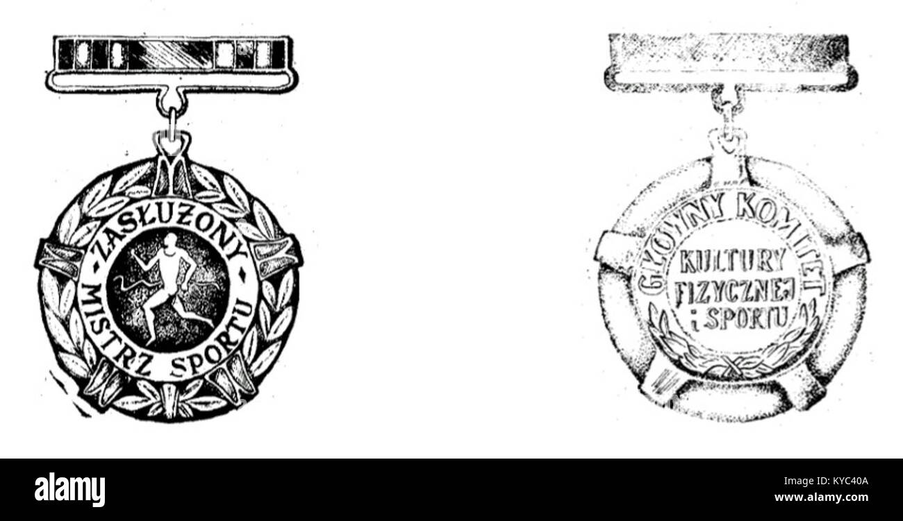 Ein polnisches Ehrenzeichen mit dem Titel „Zasłużony Mistrz Sportu“ (Distinguished Master of Sport), das für herausragende Leistungen in der nationalen Sportleistung und im nationalen Beitrag verliehen wurde. Stockfoto