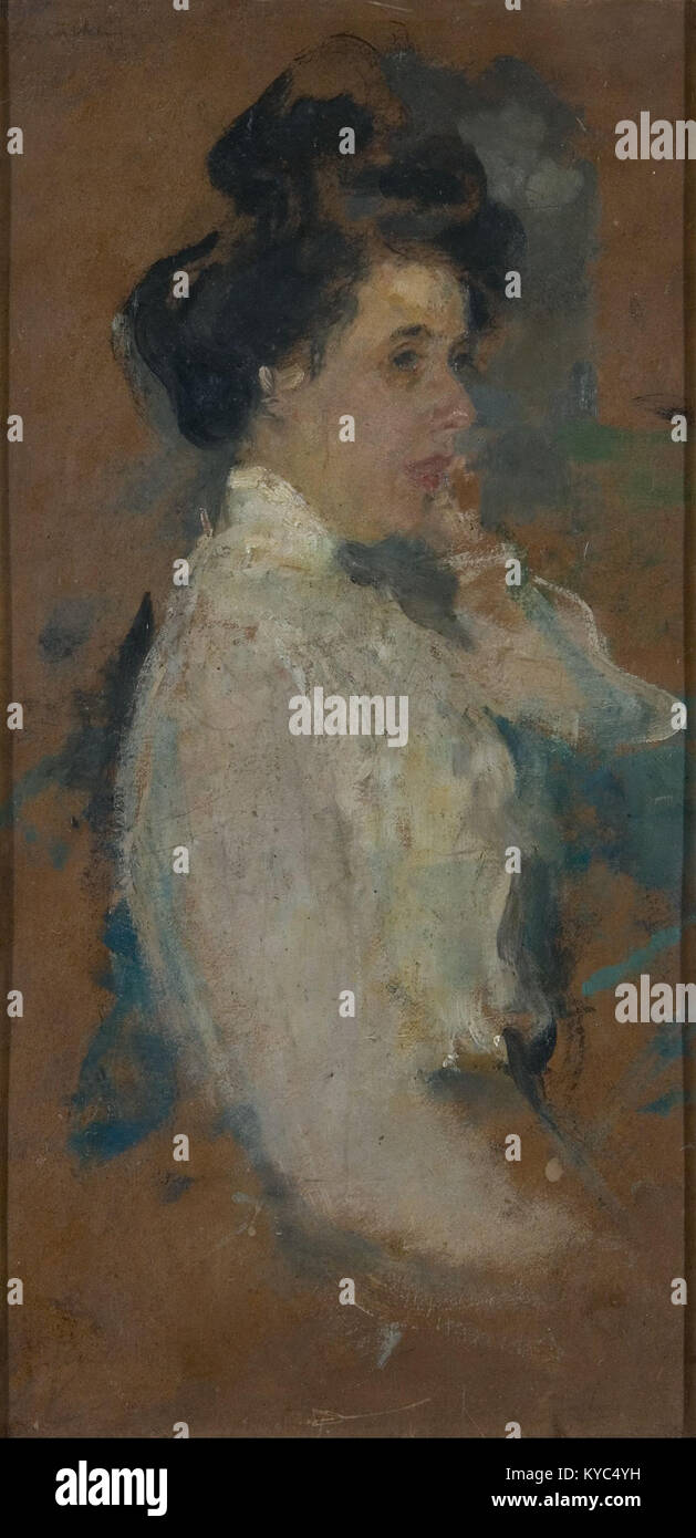 Das Gemälde „Studium portretowe kobiety“ von Olga Boznańska ist eine Porträtstudie, die die Fähigkeit des Künstlers unterstreicht, subtile Gesichtsausdrücke und emotionale Tiefe in der Darstellung einer Frau zu vermitteln. Stockfoto