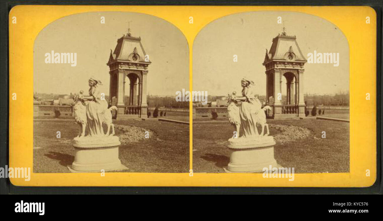 Das stereoskopische Bild zeigt das Gelände der Smithsonian Institution in Washington, D.C., einschließlich neoklassizistischer Museumsgebäude, Landschaftsgärten und Gehwegen; die Ansicht betont die koordinierte Gestaltung von Architektur und Landschaft in einer bedeutenden kulturellen Institution. Stockfoto