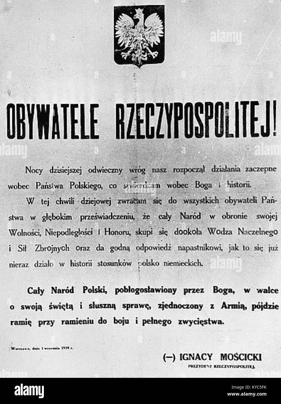 Oredzie I. Moscicki bezieht sich auf eine Ansprache oder ein Dokument des polnischen Präsidenten Ignacy Mościcki aus dem Jahr 1939, das mit der politischen und militärischen Situation des Landes zu Beginn des Zweiten Weltkriegs in Verbindung steht Stockfoto