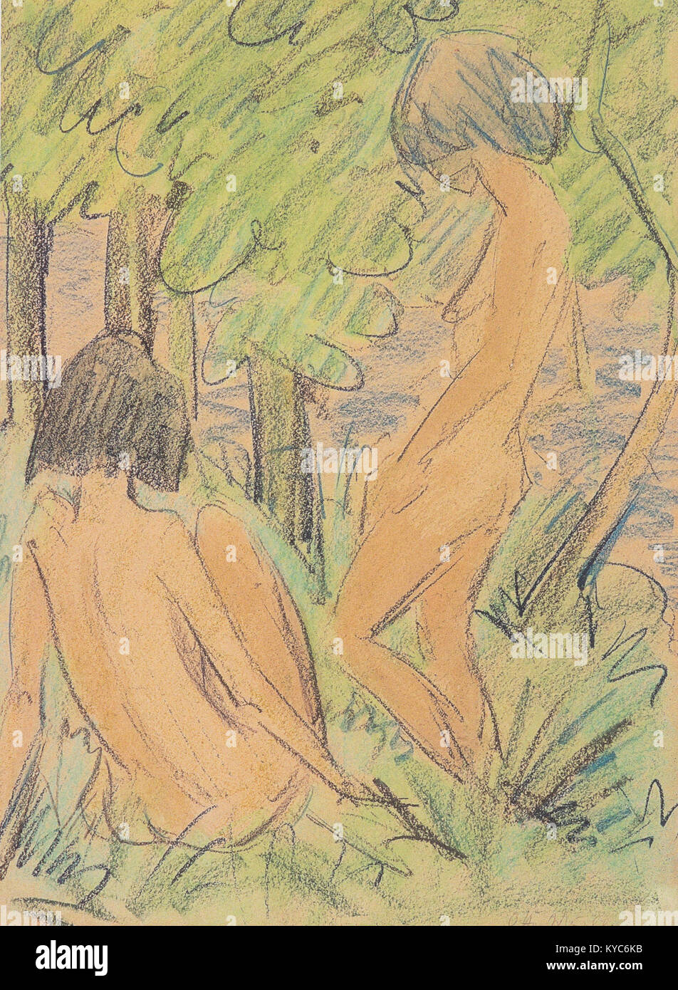 Das Gemälde „zwei Mädchen im Wald“ von Otto Mueller aus dem Jahr 1924 stellt zwei weibliche Figuren im Wald dar und betont gedämpfte Töne, stilisierte Formen und eine Harmonie zwischen Mensch und Natur. Stockfoto