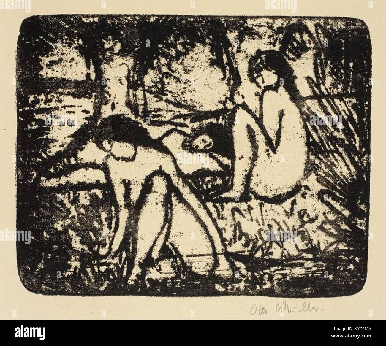 Otto Muellers expressionistisches Kunstwerk „zwei sitzende Mädchen vor liegender Figur“ stellt zwei sitzende Frauen und eine liegende Figur dar und betont die menschliche Form und Haltung in der Kunst des frühen 20. Jahrhunderts. Stockfoto